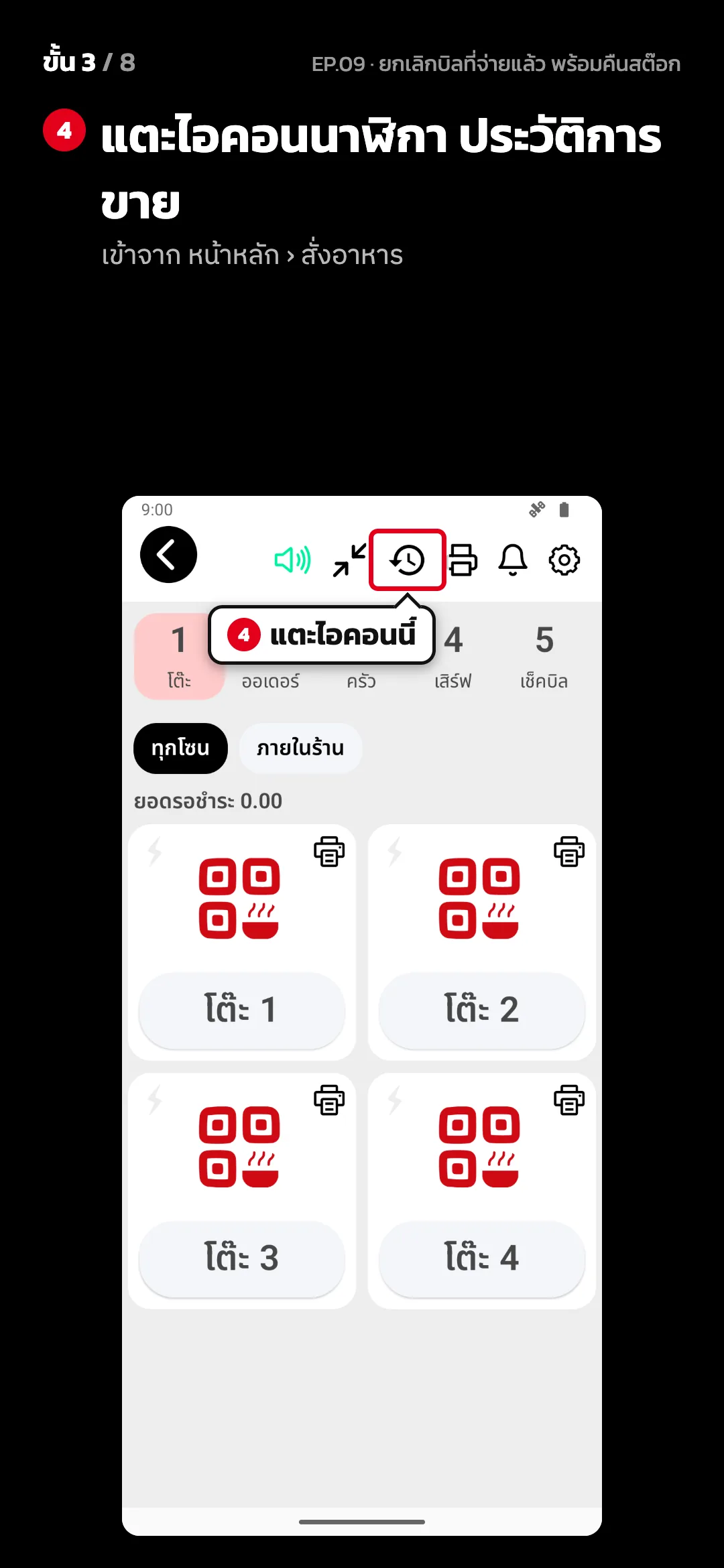 ขั้น 3 จาก 8 · จอ สั่งอาหาร — แตะไอคอนนาฬิกา ประวัติการขาย (เข้าจาก หน้าหลัก › สั่งอาหาร)
