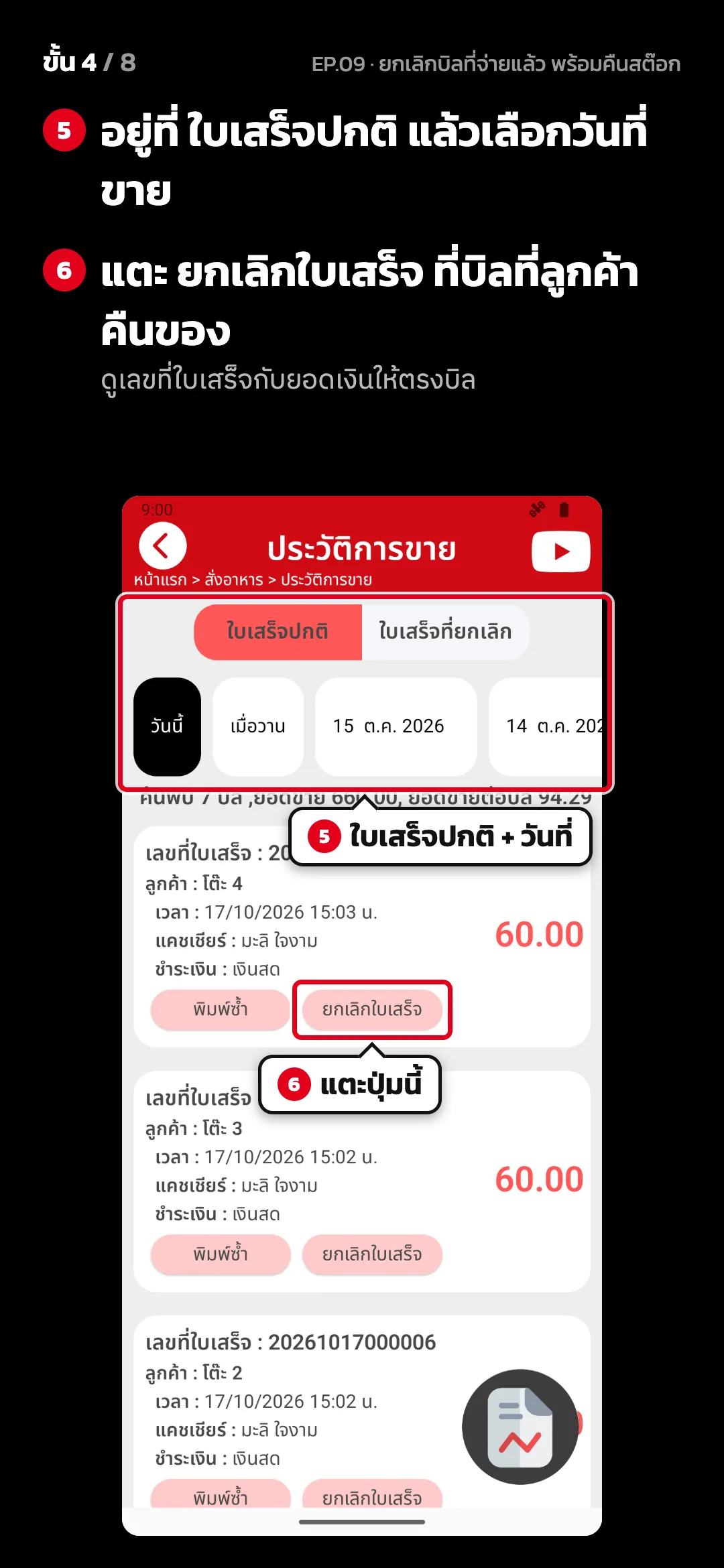 ขั้น 4 จาก 8 · จอ ประวัติการขาย — อยู่ที่ ใบเสร็จปกติ แล้วเลือกวันที่ขาย · แตะ ยกเลิกใบเสร็จ ที่บิลที่ลูกค้าคืนของ (ดูเลขที่ใบเสร็จกับยอดเงินให้ตรงบิล)