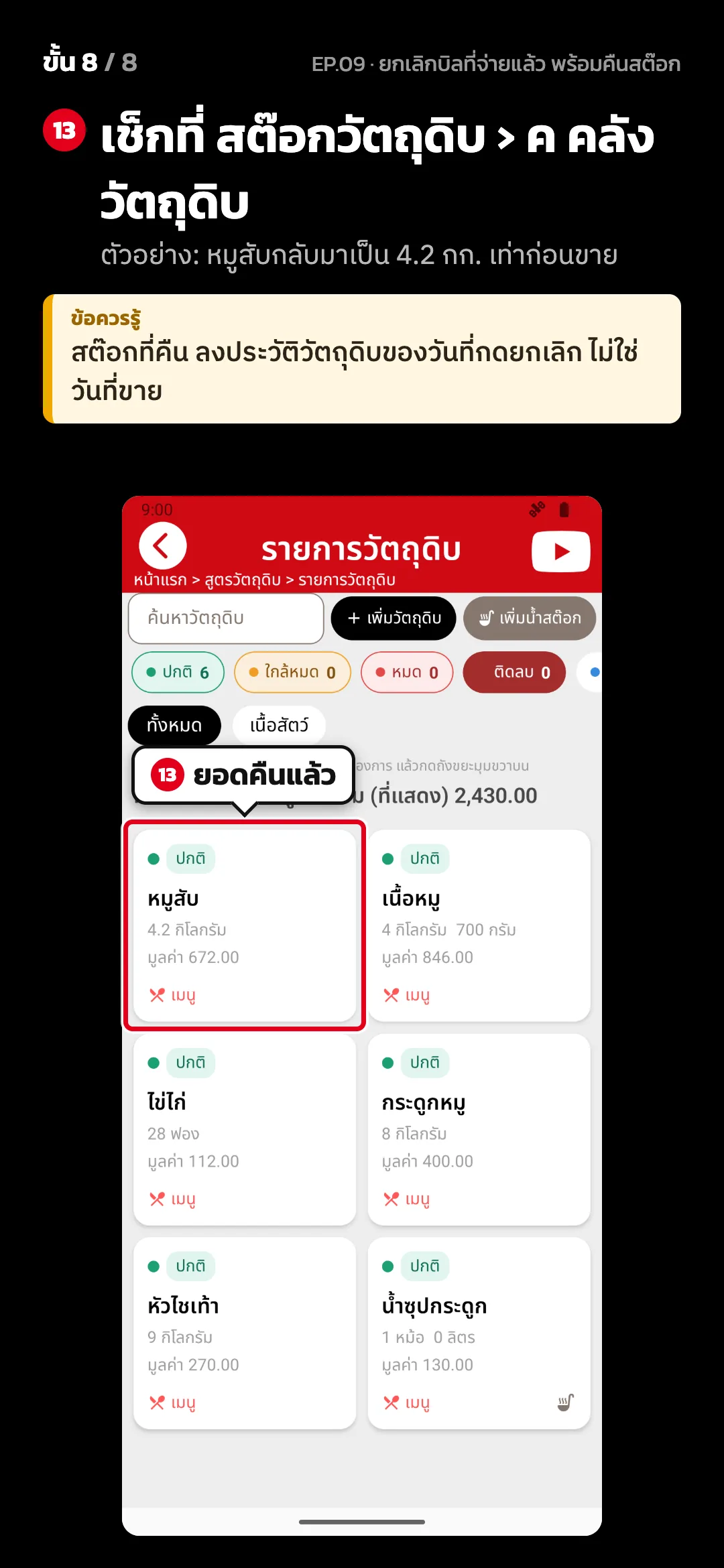 ขั้น 8 จาก 8 · จอ รายการวัตถุดิบ — เช็กที่ สต๊อกวัตถุดิบ › ค คลังวัตถุดิบ (ตัวอย่าง: หมูสับกลับมาเป็น 4.2 กก. เท่าก่อนขาย) · ข้อควรรู้: สต๊อกที่คืน ลงประวัติวัตถุดิบของวันที่กดยกเลิก ไม่ใช่วันที่ขาย