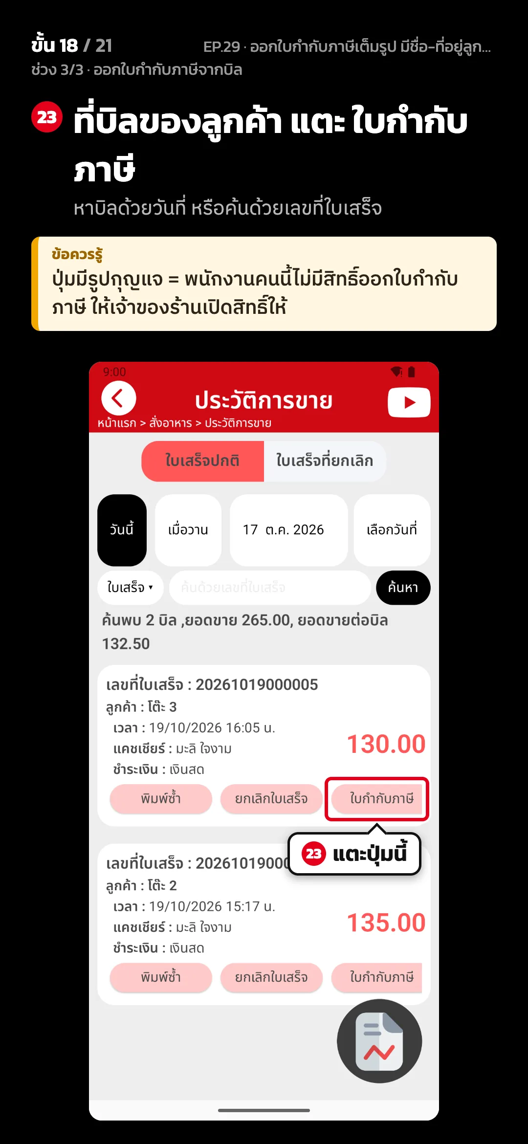 ช่วง 3/3 · ออกใบกำกับภาษีจากบิล · ขั้น 18 จาก 21 · จอ ประวัติการขาย — ที่บิลของลูกค้า แตะ ใบกำกับภาษี (หาบิลด้วยวันที่ หรือค้นด้วยเลขที่ใบเสร็จ) · ข้อควรรู้: ปุ่มมีรูปกุญแจ = พนักงานคนนี้ไม่มีสิทธิ์ออกใบกำกับภาษี ให้เจ้าของร้านเปิดสิทธิ์ให้