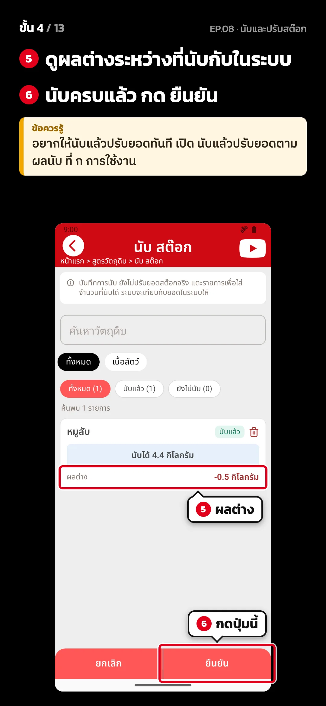 ขั้น 4 จาก 13 · จอ นับ สต๊อก — ดูผลต่างระหว่างที่นับกับในระบบ · นับครบแล้ว กด ยืนยัน · ข้อควรรู้: อยากให้นับแล้วปรับยอดทันที เปิด นับแล้วปรับยอดตามผลนับ ที่ ก การใช้งาน