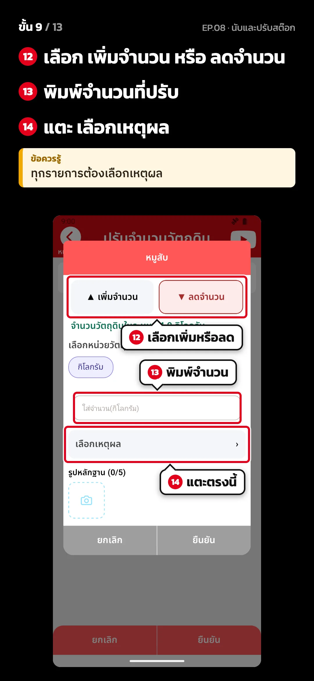 ขั้น 9 จาก 13 · จอ ปรับจำนวนวัตถุดิบ — เลือก เพิ่มจำนวน หรือ ลดจำนวน · พิมพ์จำนวนที่ปรับ · แตะ เลือกเหตุผล · ข้อควรรู้: ทุกรายการต้องเลือกเหตุผล