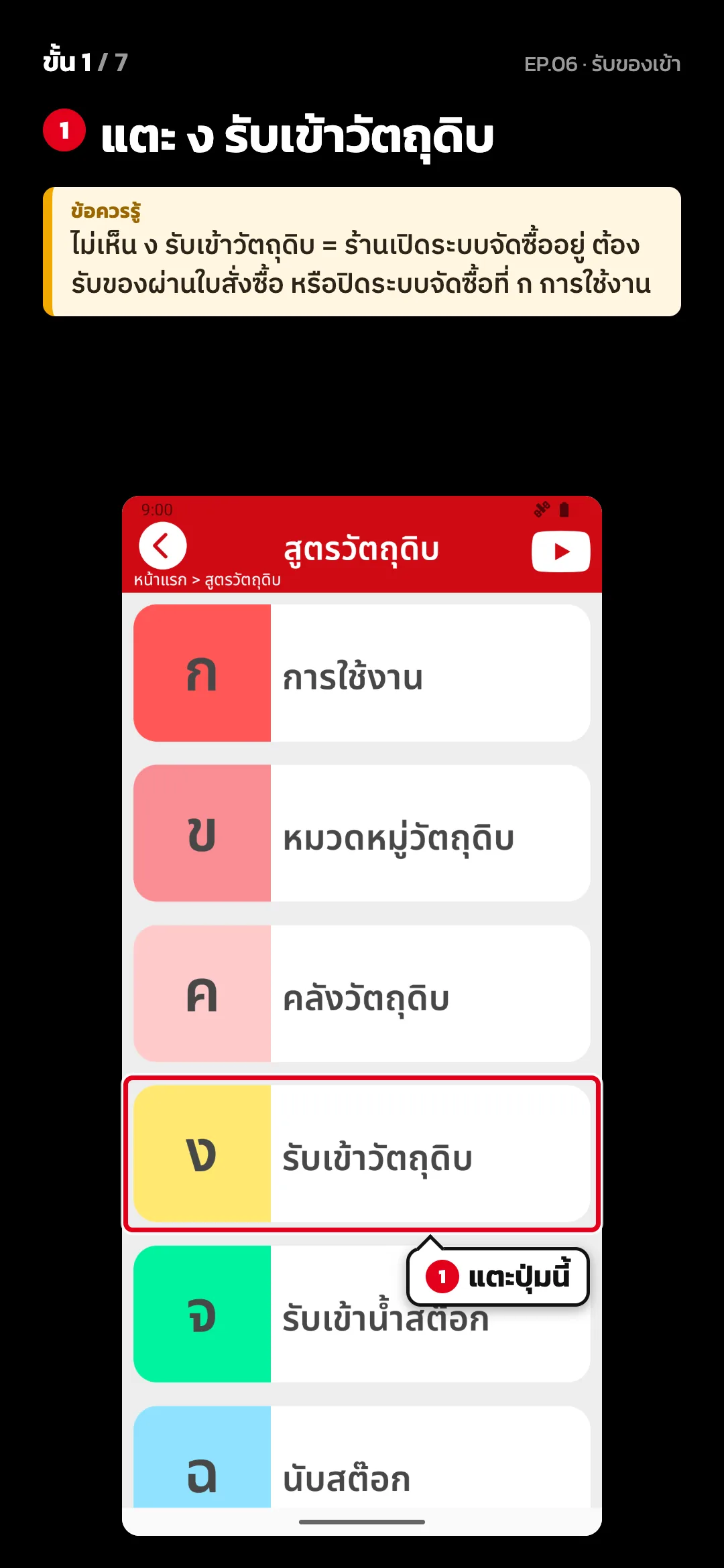 ขั้น 1 จาก 7 · จอ สูตรวัตถุดิบ — แตะ ง รับเข้าวัตถุดิบ · ข้อควรรู้: ไม่เห็น ง รับเข้าวัตถุดิบ = ร้านเปิดระบบจัดซื้ออยู่ ต้องรับของผ่านใบสั่งซื้อ หรือปิดระบบจัดซื้อที่ ก การใช้งาน