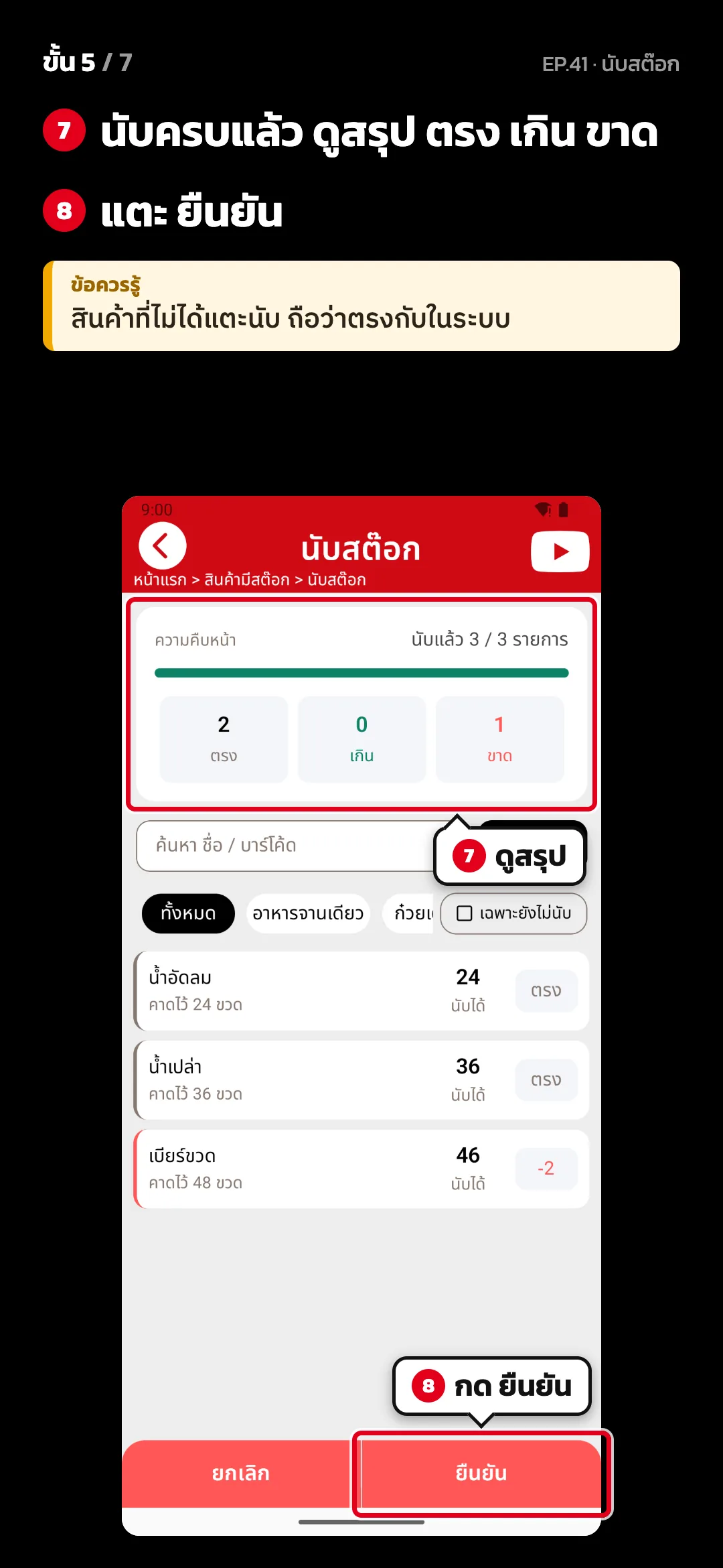 ขั้น 5 จาก 7 · จอ นับสต๊อก — นับครบแล้ว ดูสรุป ตรง เกิน ขาด · แตะ ยืนยัน · ข้อควรรู้: สินค้าที่ไม่ได้แตะนับ ถือว่าตรงกับในระบบ