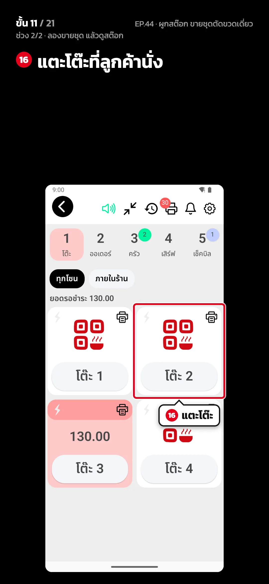 ช่วง 2/2 · ลองขายชุด แล้วดูสต๊อก · ขั้น 11 จาก 21 · จอ สั่งอาหาร — แตะโต๊ะที่ลูกค้านั่ง