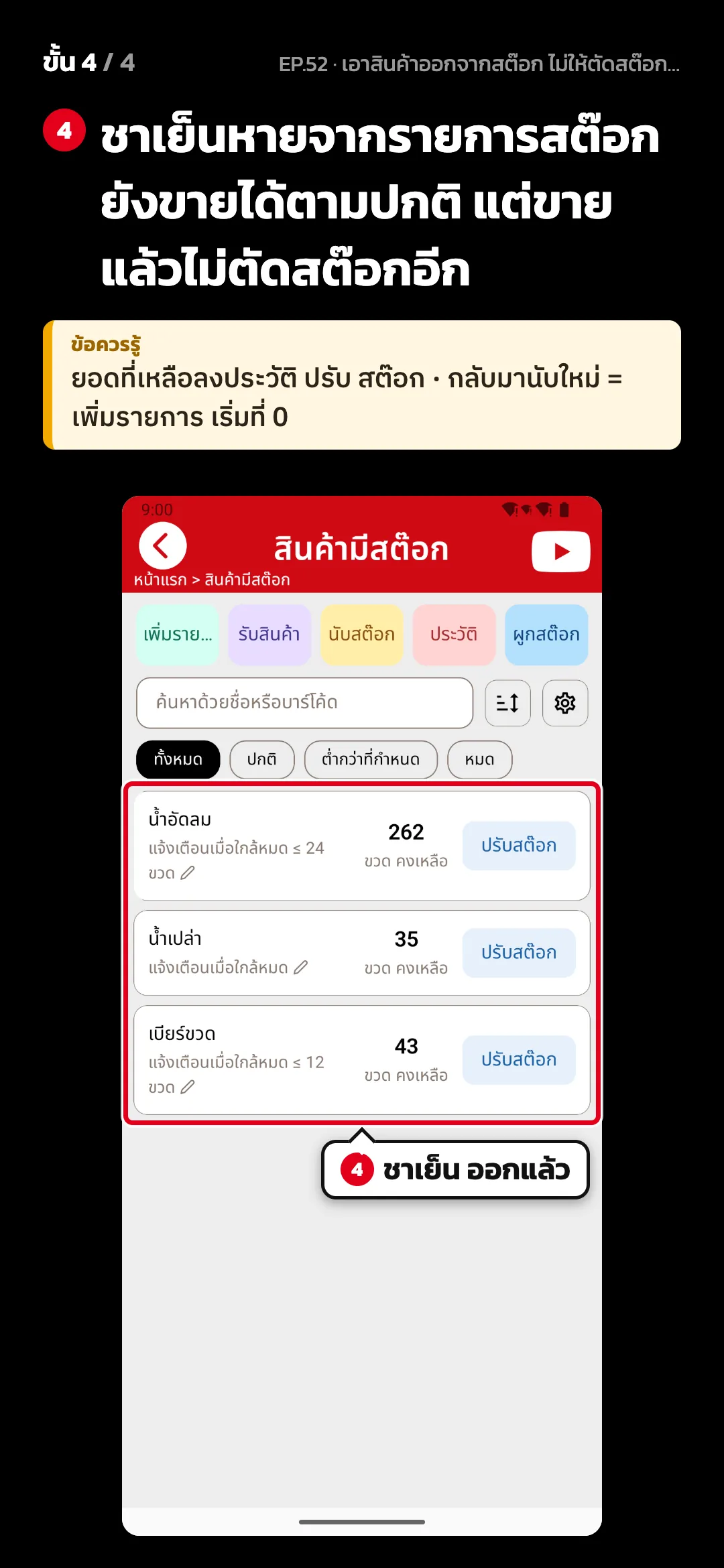 ขั้น 4 จาก 4 · จอ สินค้ามีสต๊อก — ชาเย็นหายจากรายการสต๊อก ยังขายได้ตามปกติ แต่ขายแล้วไม่ตัดสต๊อกอีก · ข้อควรรู้: ยอดที่เหลือลงประวัติ ปรับ สต๊อก · กลับมานับใหม่ = เพิ่มรายการ เริ่มที่ 0