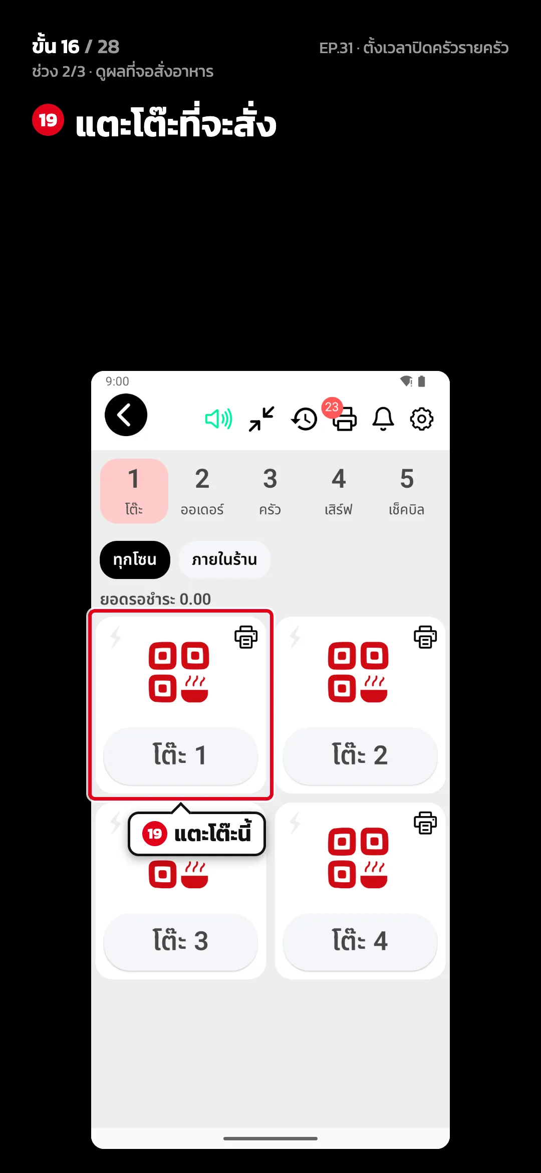 ช่วง 2/3 · ดูผลที่จอสั่งอาหาร · ขั้น 16 จาก 28 · จอ สั่งอาหาร — แตะโต๊ะที่จะสั่ง