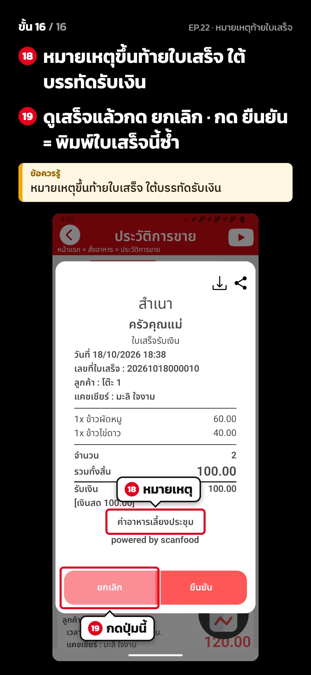 ขั้น 16 จาก 16 · จอ ประวัติการขาย (ใบเสร็จ) — หมายเหตุขึ้นท้ายใบเสร็จ ใต้บรรทัดรับเงิน · ดูเสร็จแล้วกด ยกเลิก · กด ยืนยัน = พิมพ์ใบเสร็จนี้ซ้ำ · ข้อควรรู้: หมายเหตุขึ้นท้ายใบเสร็จ ใต้บรรทัดรับเงิน