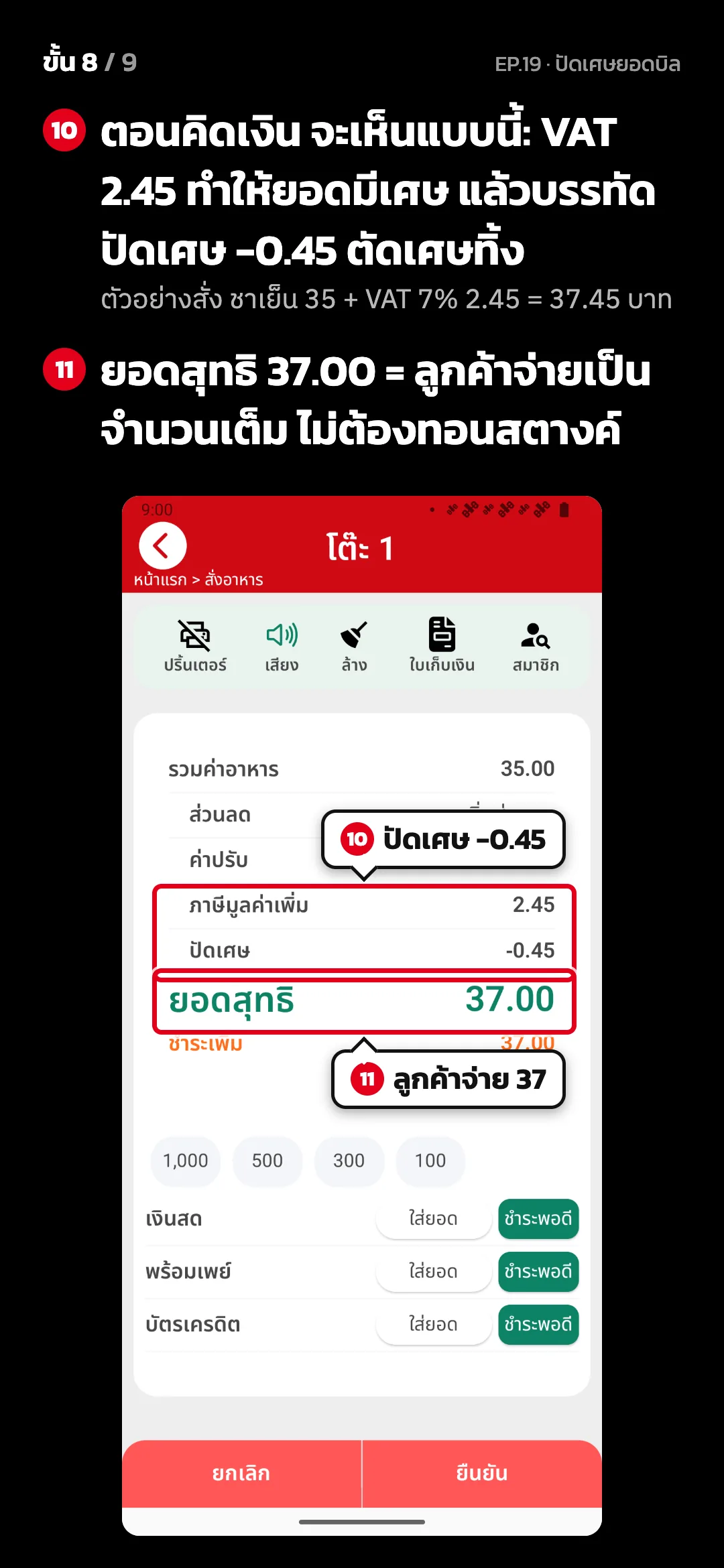 ขั้น 8 จาก 9 · จอ คิดเงิน (แนวตั้ง) — ตอนคิดเงิน จะเห็นแบบนี้: VAT 2.45 ทำให้ยอดมีเศษ แล้วบรรทัด ปัดเศษ -0.45 ตัดเศษทิ้ง (ตัวอย่างสั่ง ชาเย็น 35 + VAT 7% 2.45 = 37.45 บาท) · ยอดสุทธิ 37.00 = ลูกค้าจ่ายเป็นจำนวนเต็ม ไม่ต้องทอนสตางค์