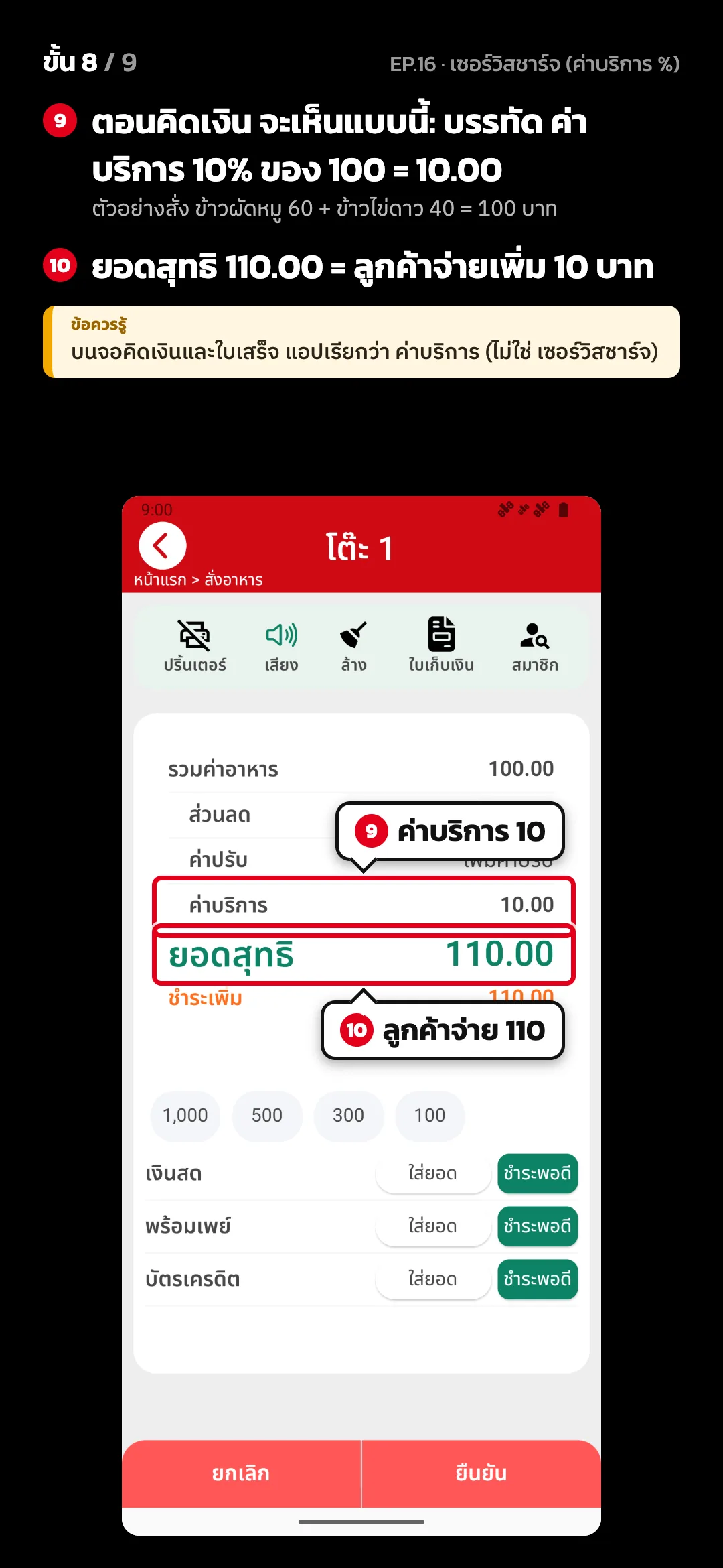 ขั้น 8 จาก 9 · จอ คิดเงิน (แนวตั้ง) — ตอนคิดเงิน จะเห็นแบบนี้: บรรทัด ค่าบริการ 10% ของ 100 = 10.00 (ตัวอย่างสั่ง ข้าวผัดหมู 60 + ข้าวไข่ดาว 40 = 100 บาท) · ยอดสุทธิ 110.00 = ลูกค้าจ่ายเพิ่ม 10 บาท · ข้อควรรู้: บนจอคิดเงินและใบเสร็จ แอปเรียกว่า ค่าบริการ (ไม่ใช่ เซอร์วิสชาร์จ)