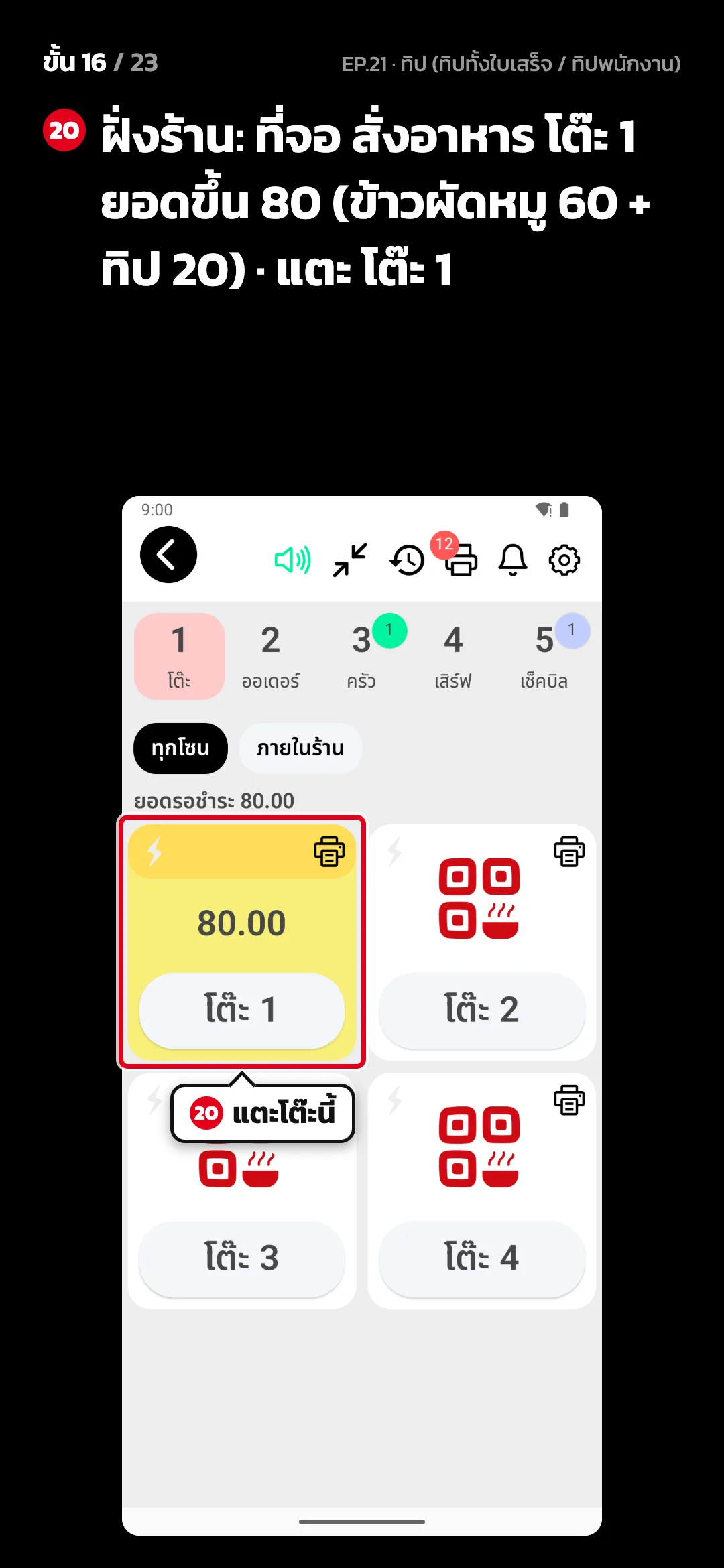 ขั้น 16 จาก 23 · จอ สั่งอาหาร (POS) — ฝั่งร้าน: ที่จอ สั่งอาหาร โต๊ะ 1 ยอดขึ้น 80 (ข้าวผัดหมู 60 + ทิป 20) · แตะ โต๊ะ 1