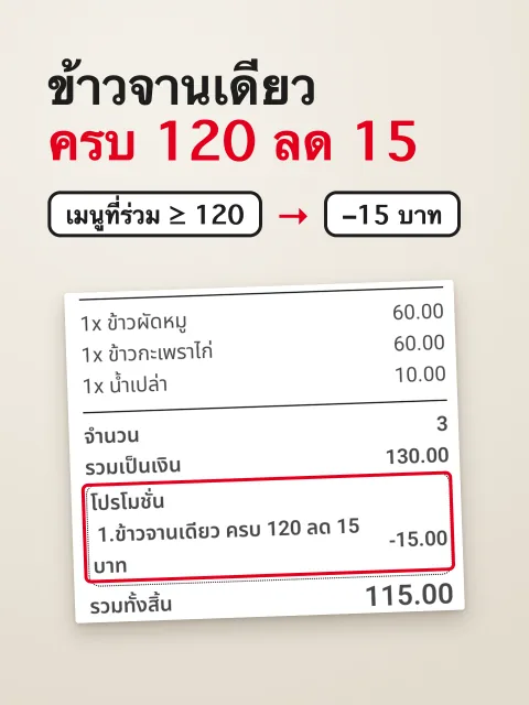ภาพหน้าจอ: โปรซื้อเมนูที่ร่วมรายการครบยอด ลดเป็นบาท